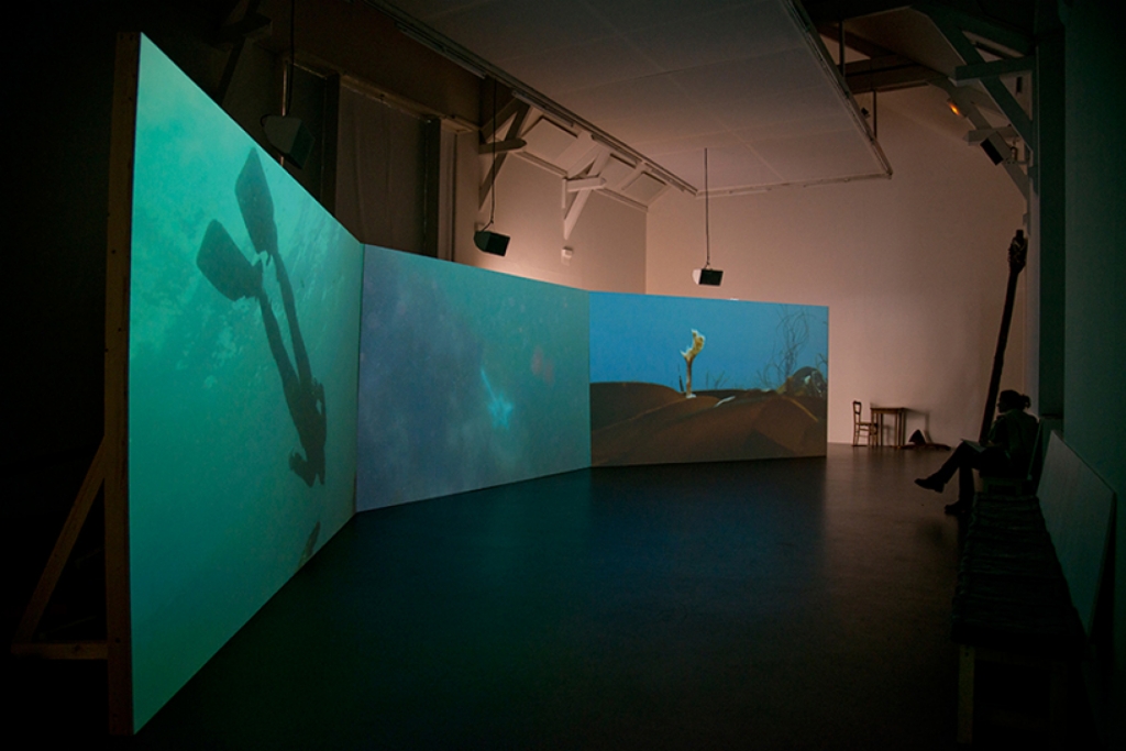 Vue de l’installation du film La Rhétorique des marées, Ariane Michel – La Criée centre d’art contemporain, Rennes, 2016 - Production : La Criée centre d’art contemporain, Rennes - ©Photographie Benoît Mauras - Courtesy de l’artiste et de Jousse Entreprise, Paris.
